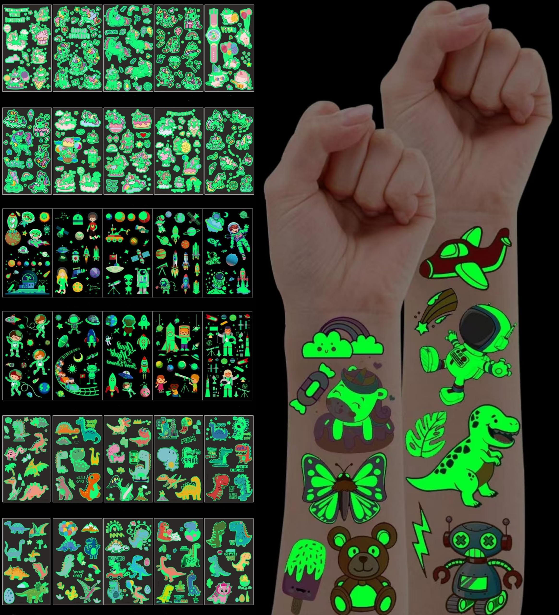 ULUEXEZA fluorescent dinosaur tattoo glows, perfect for parties and sleepovers.