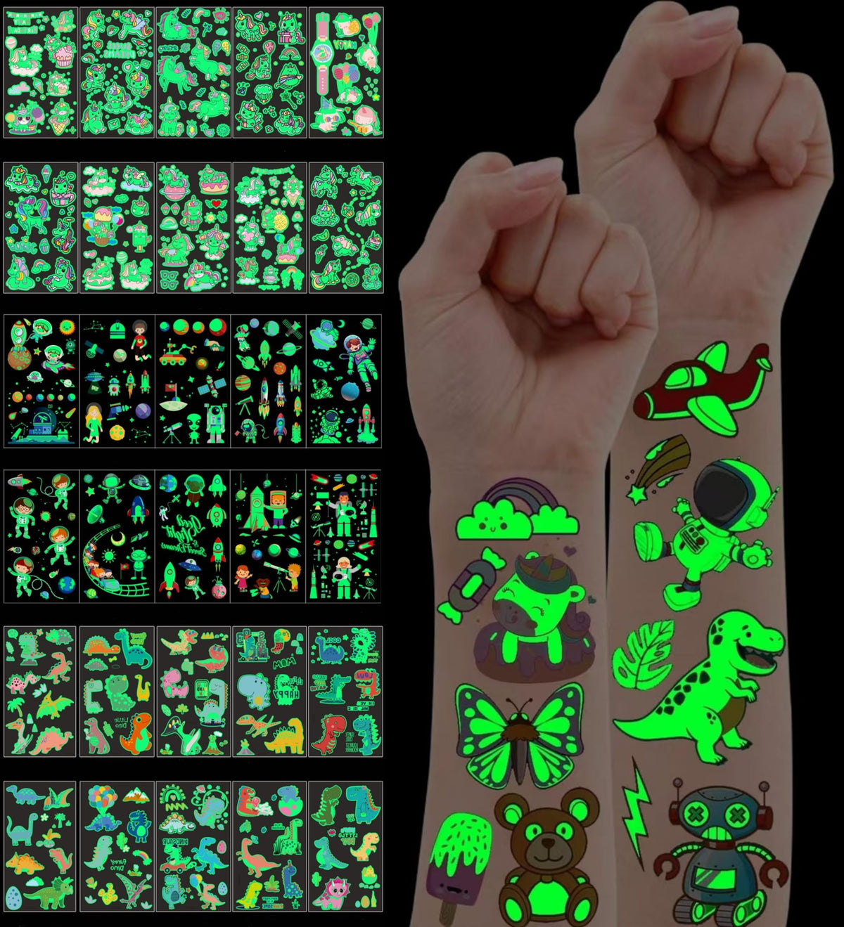 ULUEXEZA fluorescent dinosaur tattoo glows, perfect for parties and sleepovers.