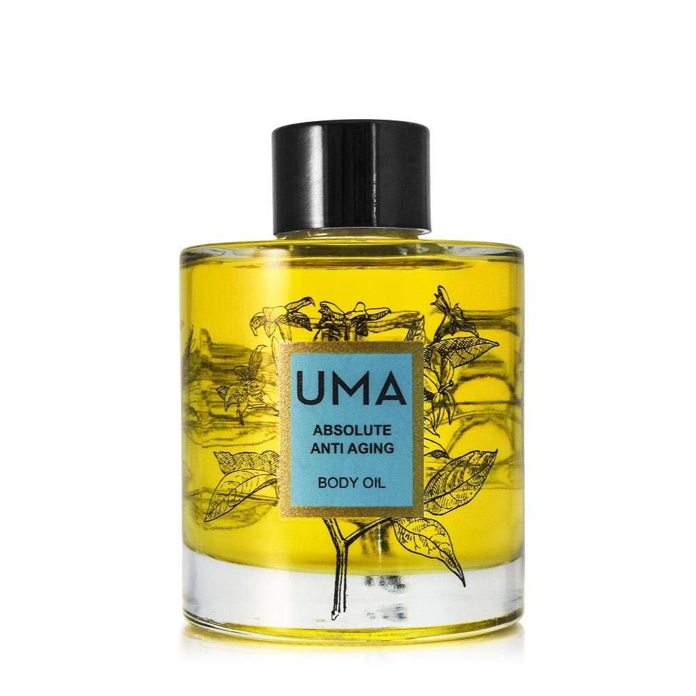 UMA Absolute Anti-Aging Body Oil bottle front, premium packaging for lasting hydration.