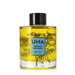 UMA Absolute Anti-Aging Body Oil bottle front, premium packaging for lasting hydration.