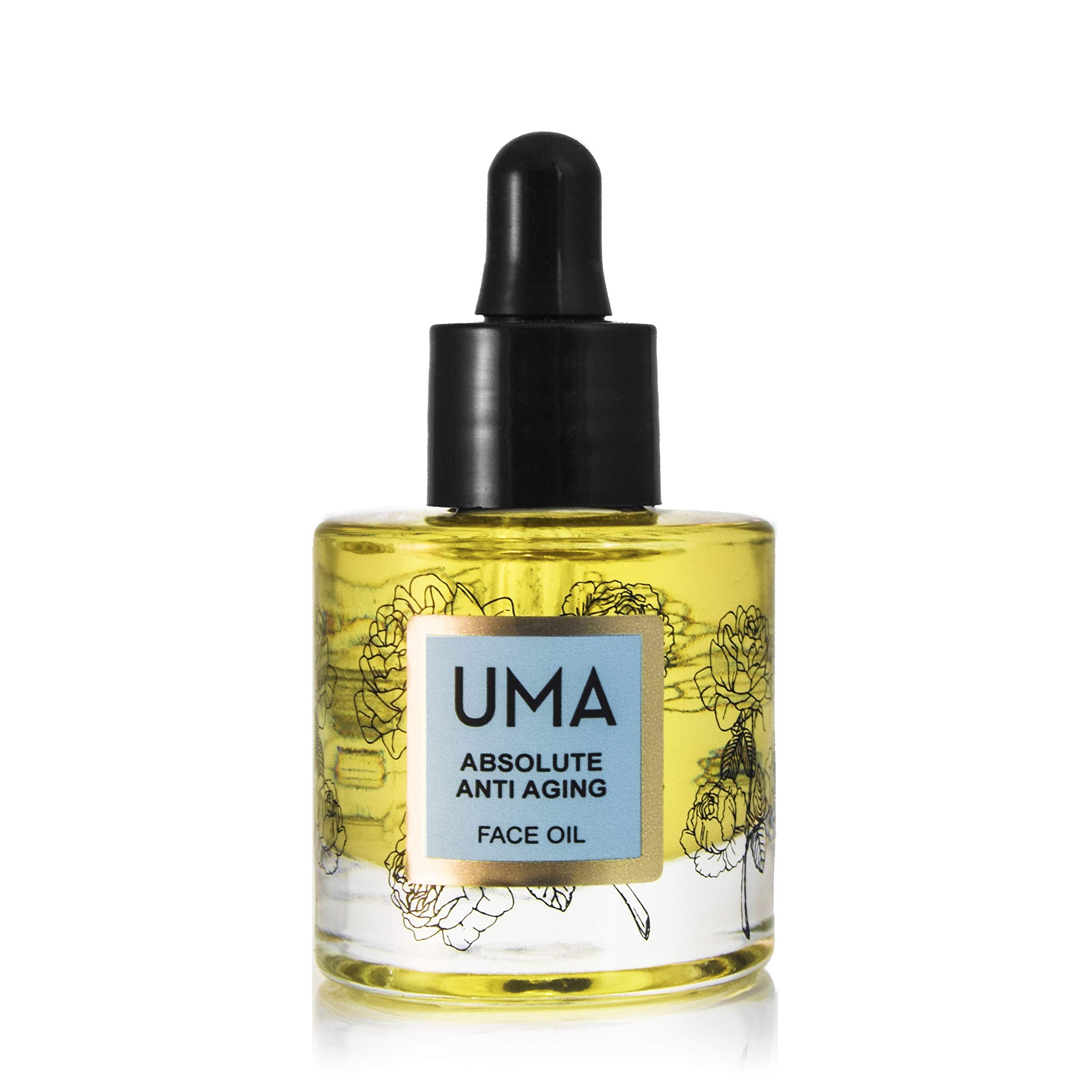 UMA Absolute Anti Aging Face Oil bottle shows natural formula for hydrated skin