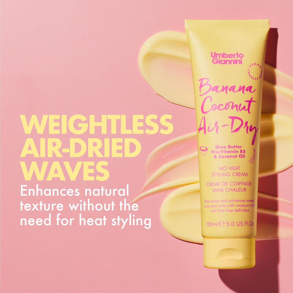 Umberto Giannini Banana Coconut Air Dry Cream applied to damp hair for defined waves.