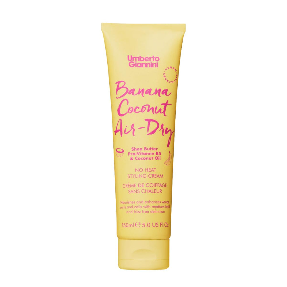 Umberto Giannini Banana Coconut Air Dry Cream bottle pour for lightweight styling.