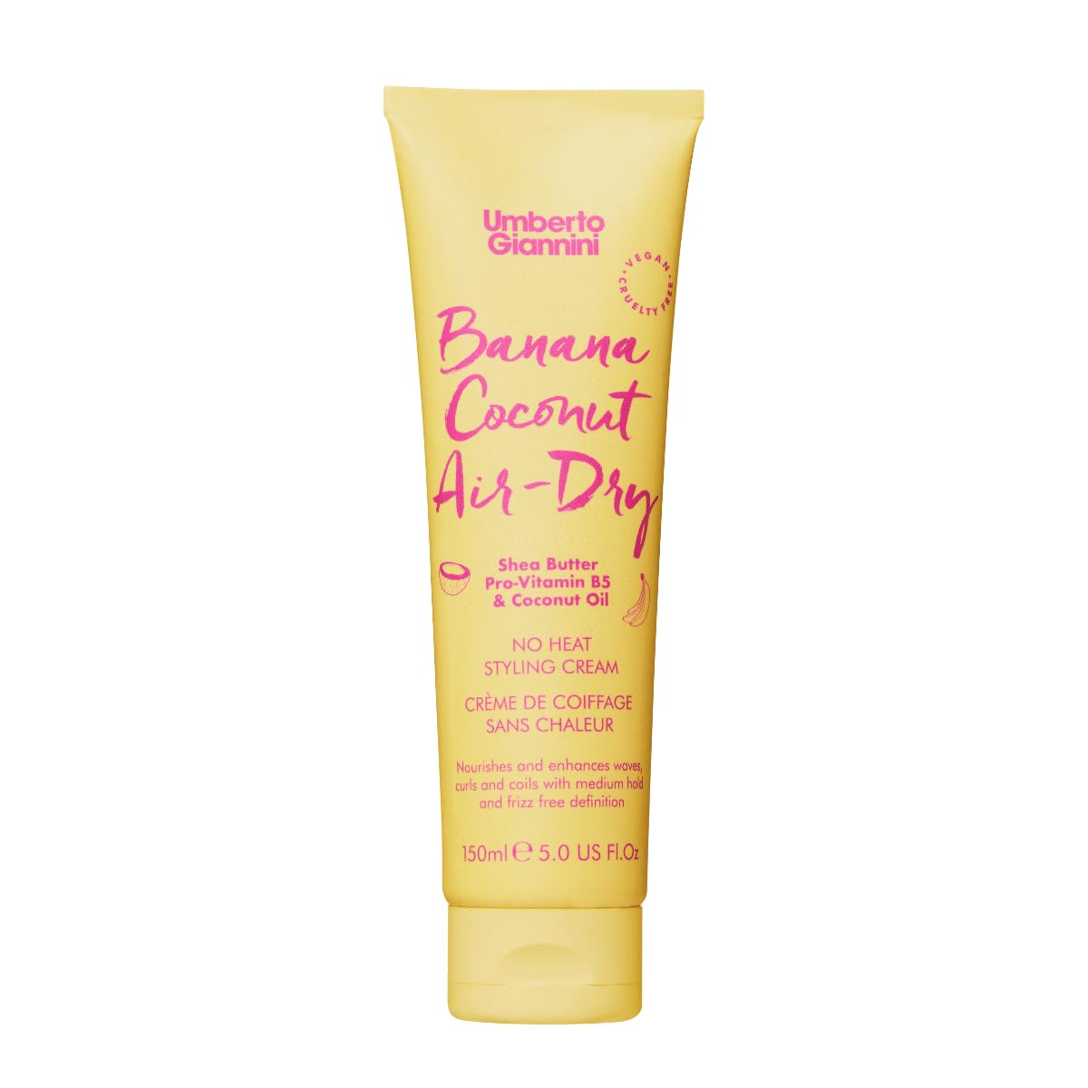 Umberto Giannini Banana Coconut Air Dry Cream bottle pour for lightweight styling.