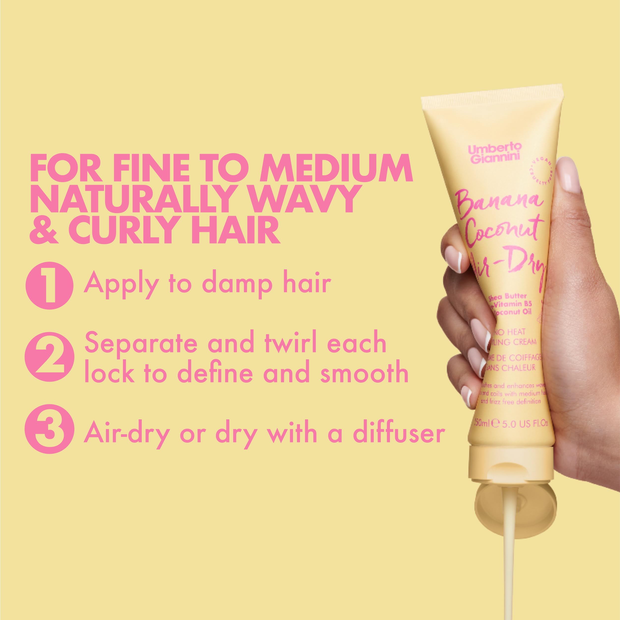 Umberto Giannini Banana Coconut Air Dry Cream for twisting and defining locks weightlessly.
