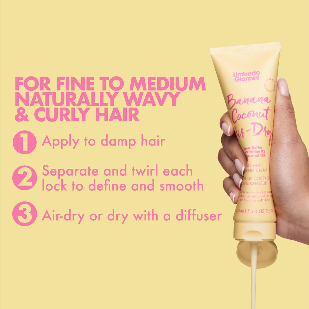 Umberto Giannini Banana Coconut Air Dry Cream for twisting and defining locks weightlessly.