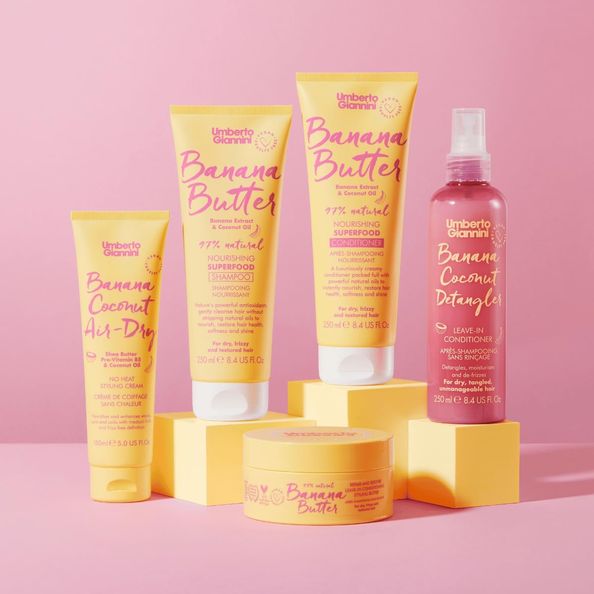 Umberto Giannini Banana Coconut Air Dry Cream layering for customized finish.