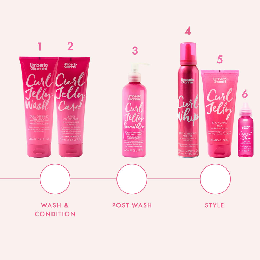 Umberto Giannini Curl Jelly Care bottle beside beachy waves for lightweight hydration.