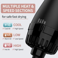 Umeely hair dryer brush showing 3 heat settings for versatile styling.