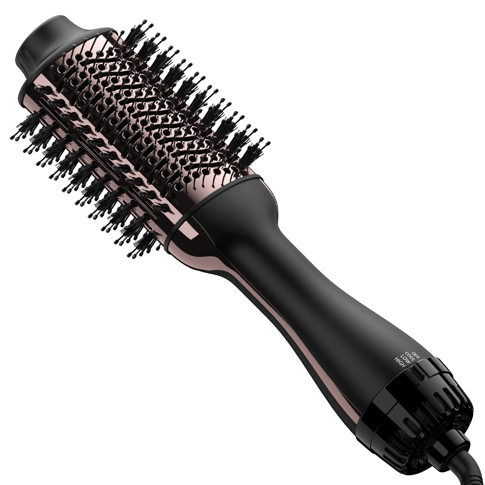 Umeely hair dryer brush with oval barrel and 360° airflow for smooth styling.