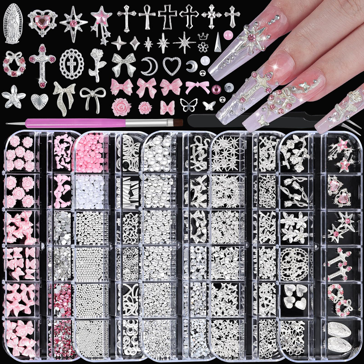 Umillars 5Boxes kit front view with complete nail charm set for creative nails