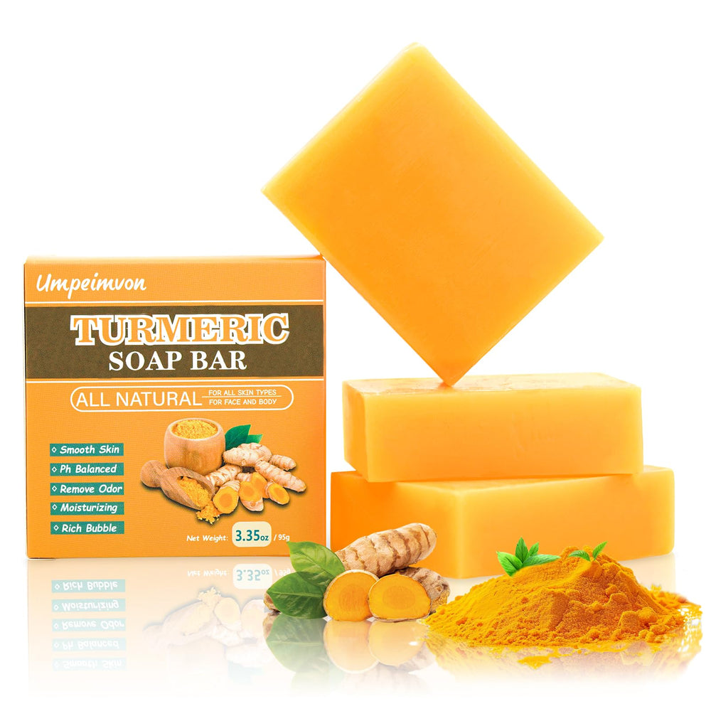 Umpeimvon turmeric soap bar pack showing three bars for face and body cleansing