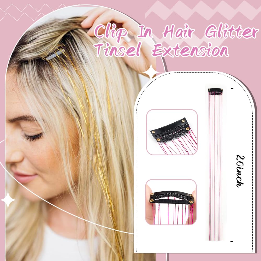 Umylar glitter tinsel clip-in extensions offer 20 inches of length and drama.