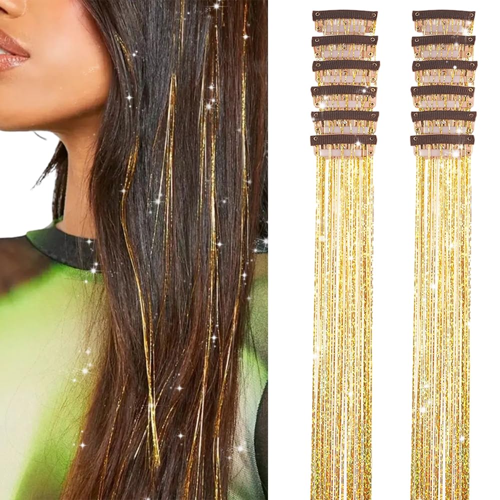 Umylar Gold Hair Tinsel pack with 12 clip-in pieces for festival looks.