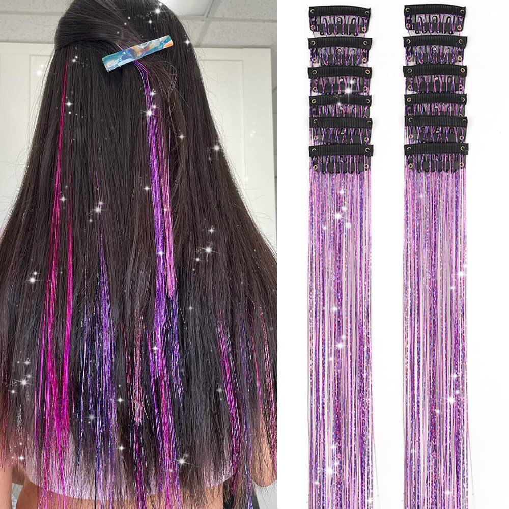 Umylar 12-piece purple clip-in hair tinsel adds subtle sparkle to daily hairstyles.