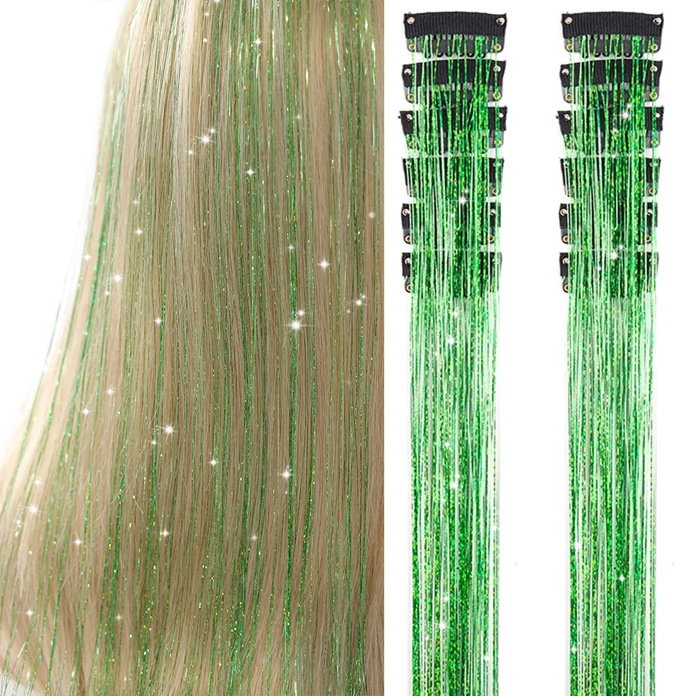 Umylar hair tinsel 20-inch fruit green clipped in for a festival style