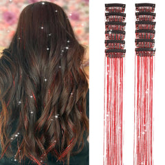 Umylar hair tinsel clip red 12pcs for quick glitter highlights and party-ready looks.