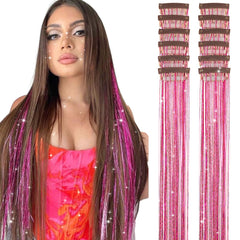 Umylar hair tinsel rose red 20-inch clip-in shimmer for festival looks