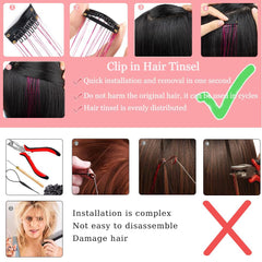 Umylar purple clip-in tinsel is easy to install and remove for quick style changes.