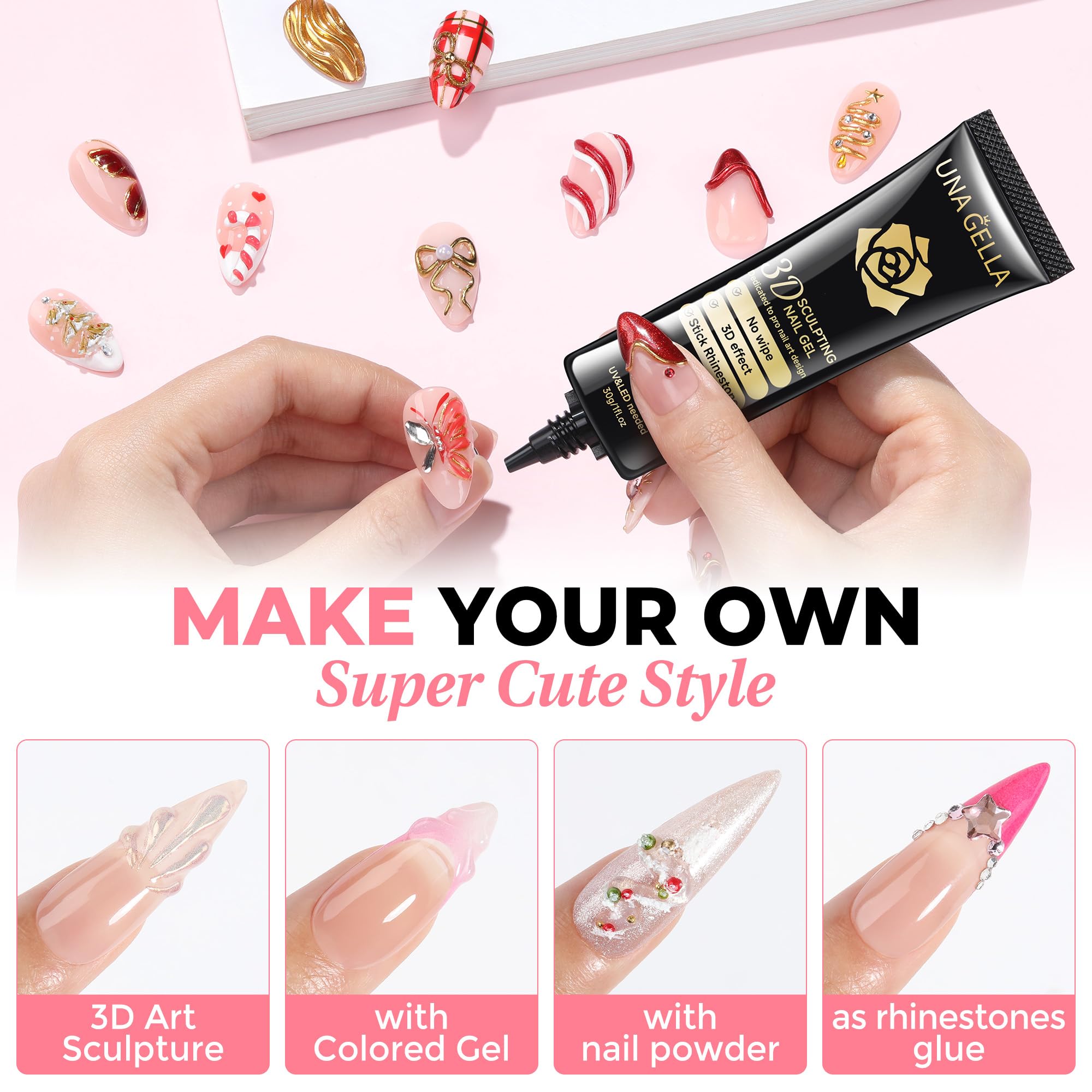 UNA GELLA chrome powder with 3D gel adds shimmer and longevity