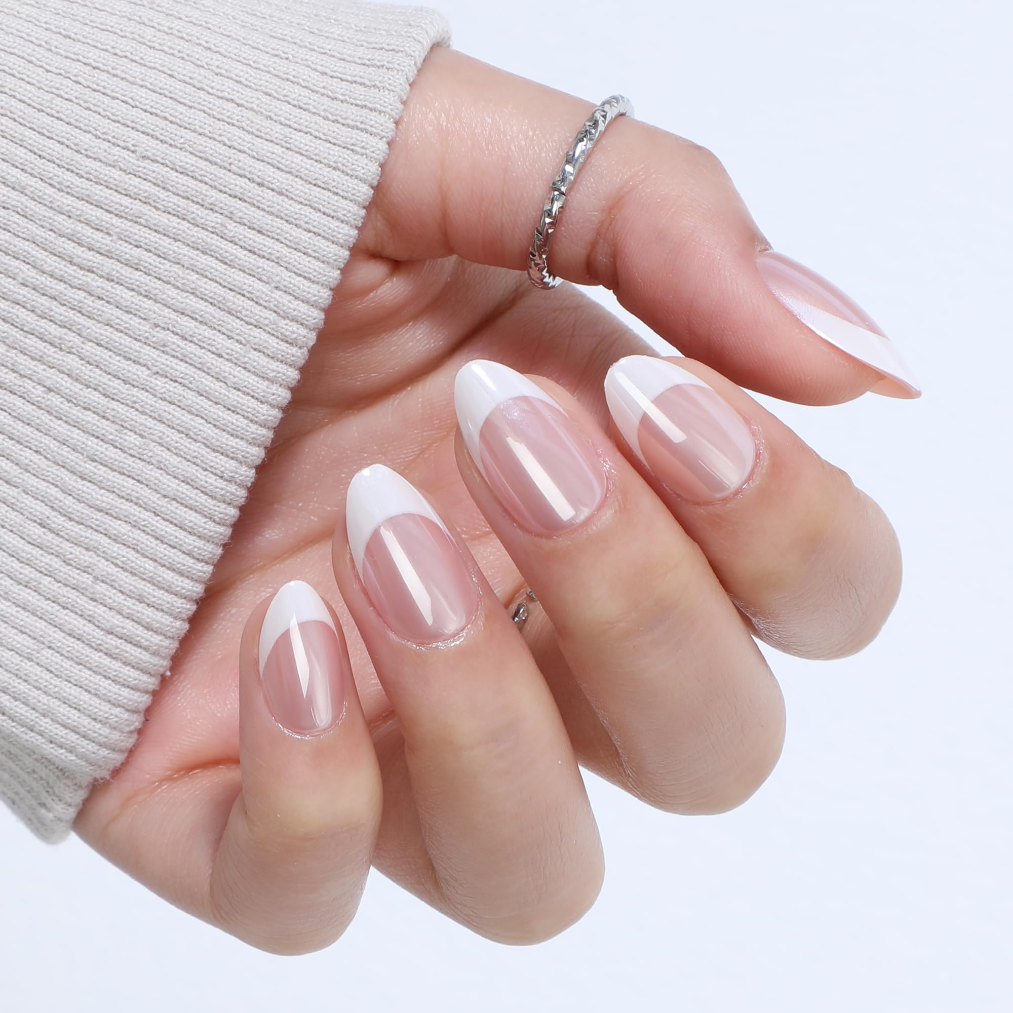 UNA GELLA Almond French Tip nails with white tip, premium shine and short kit design