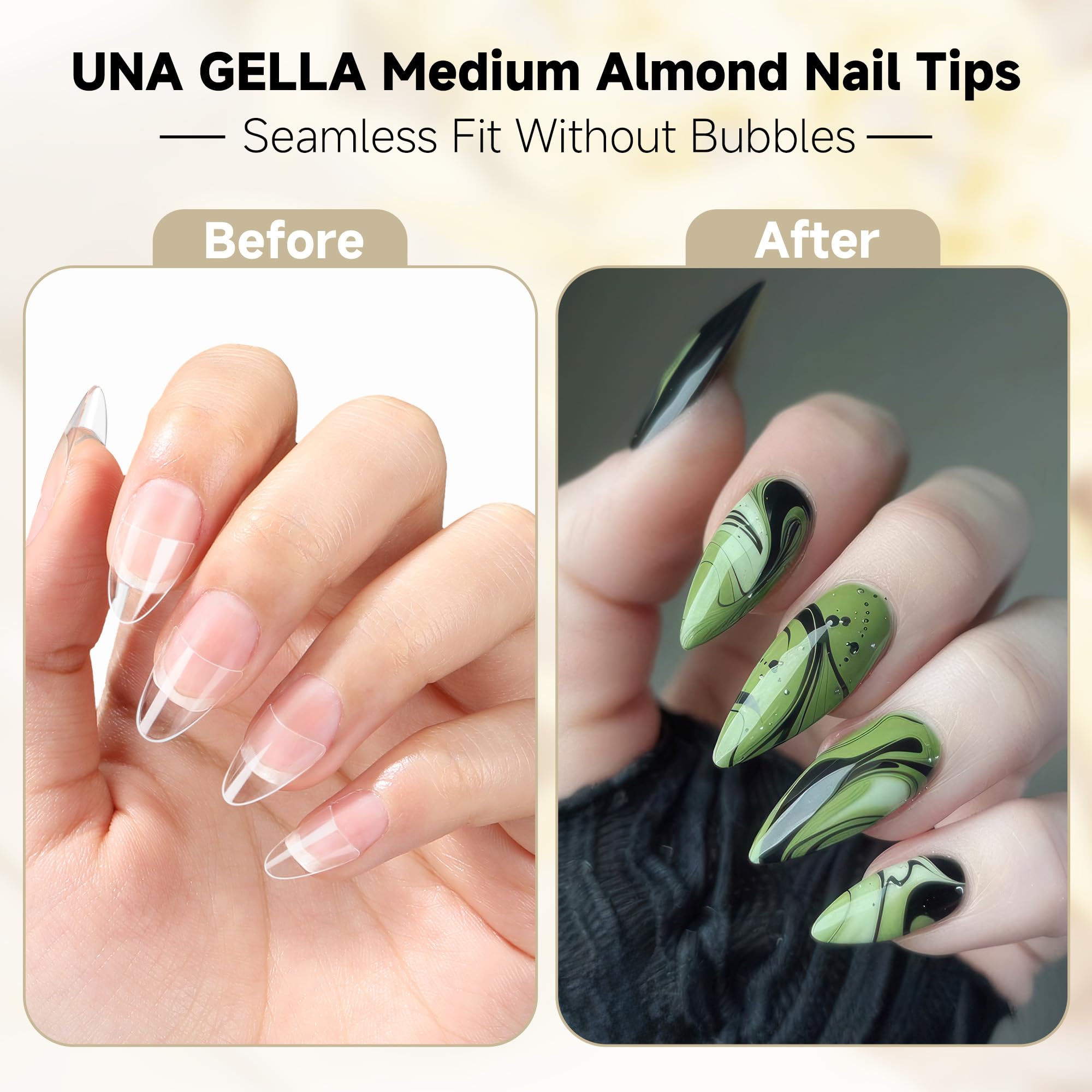 UNA GELLA Almond Nail Tips 12 sizes grid organized for quick access