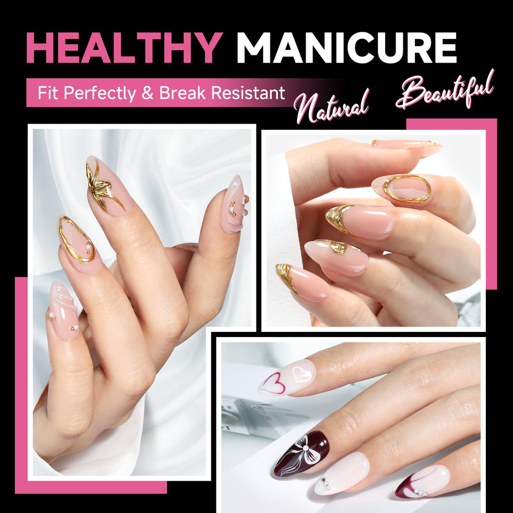 UNA GELLA almond nail tips with clear full cover for versatile nail art.