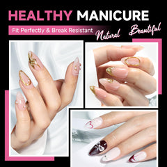 UNA GELLA almond nail tips with clear full cover for versatile nail art.