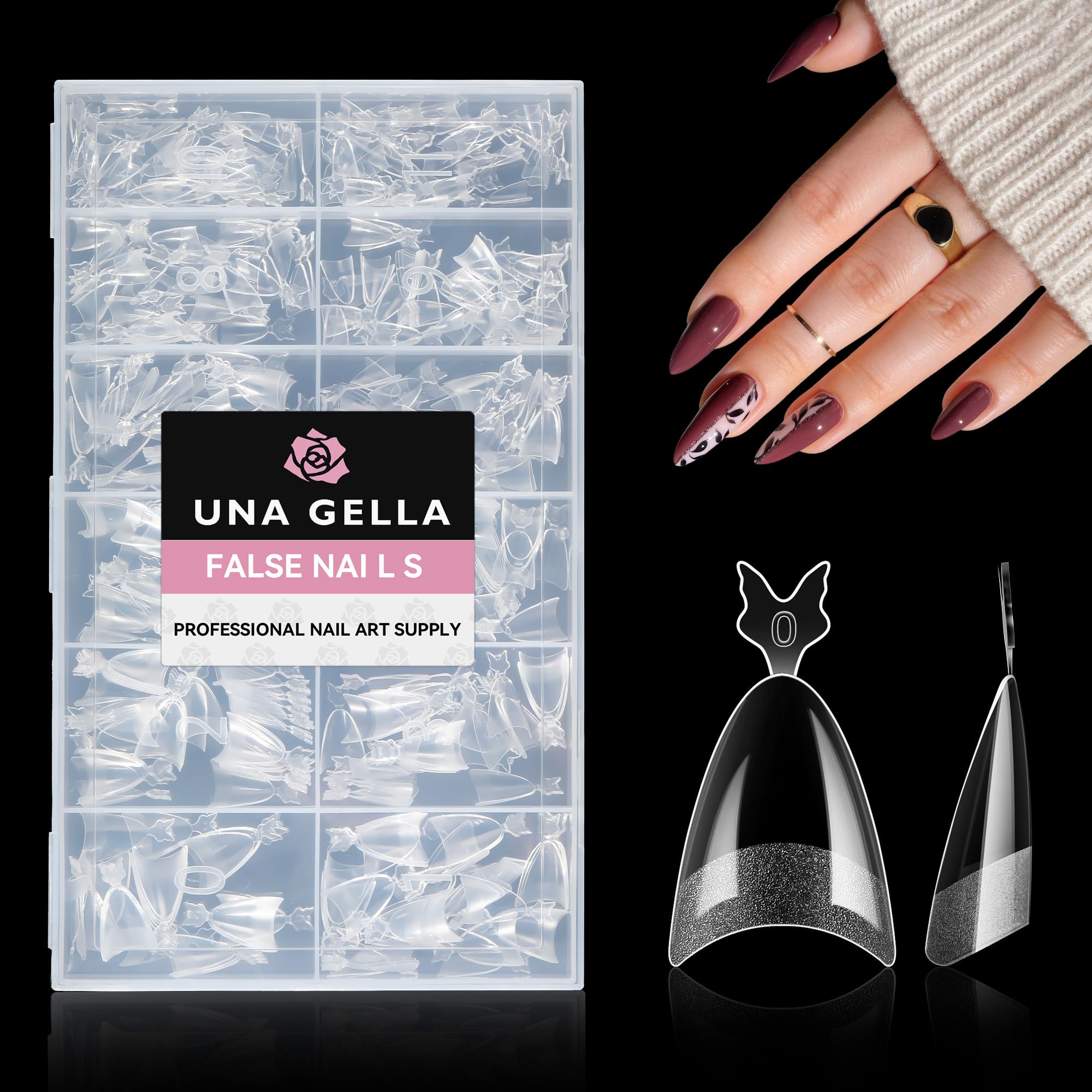 UNA GELLA Almond Nail Tips package showing 12 sizes for precise fit and selection