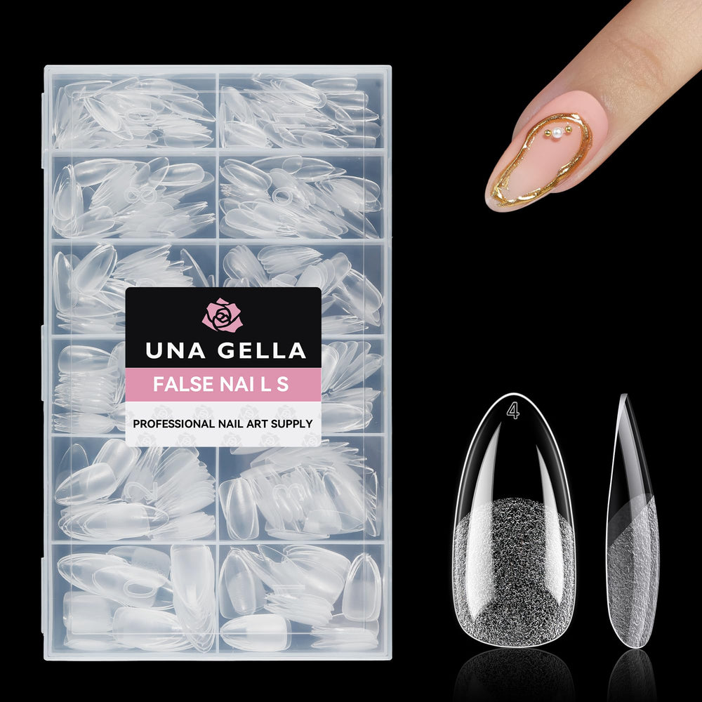 UNA GELLA almond tips ideal for DIY Christmas nail art.