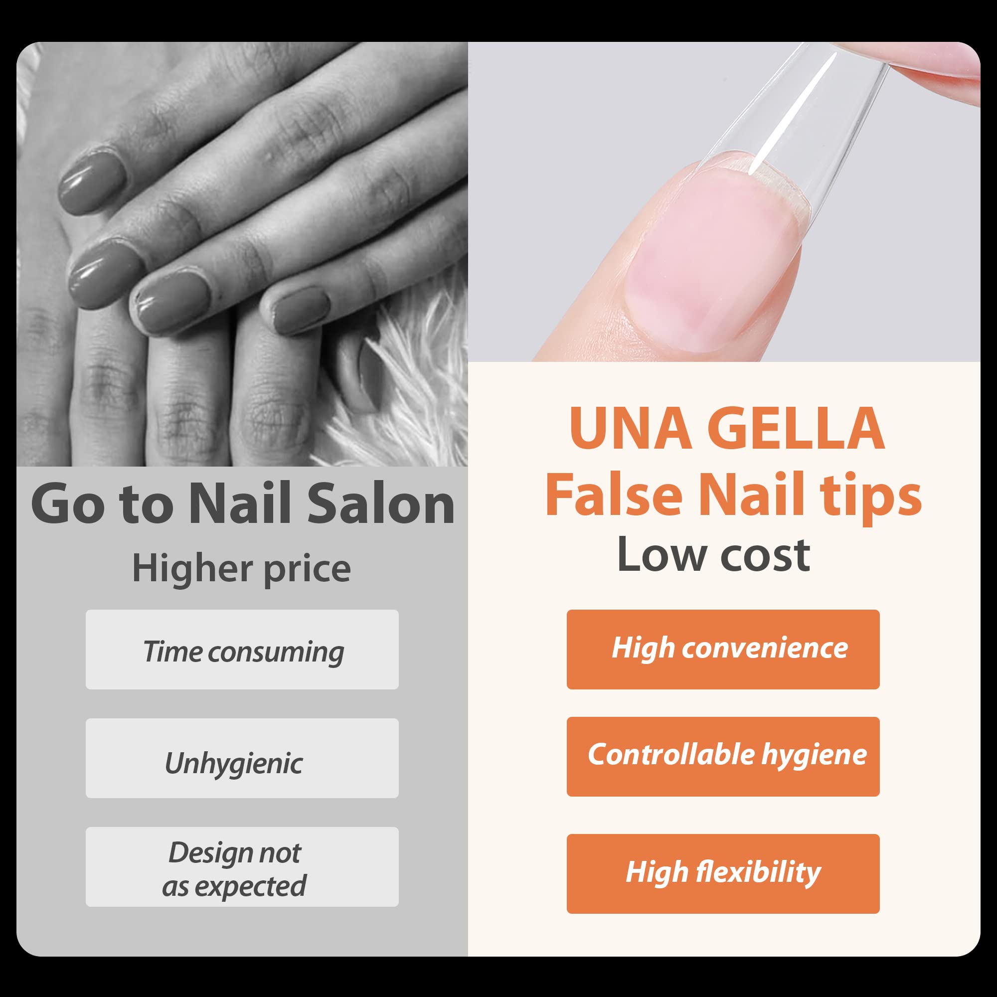 Curved half-cover UNA GELLA tips with durable front edge for strength