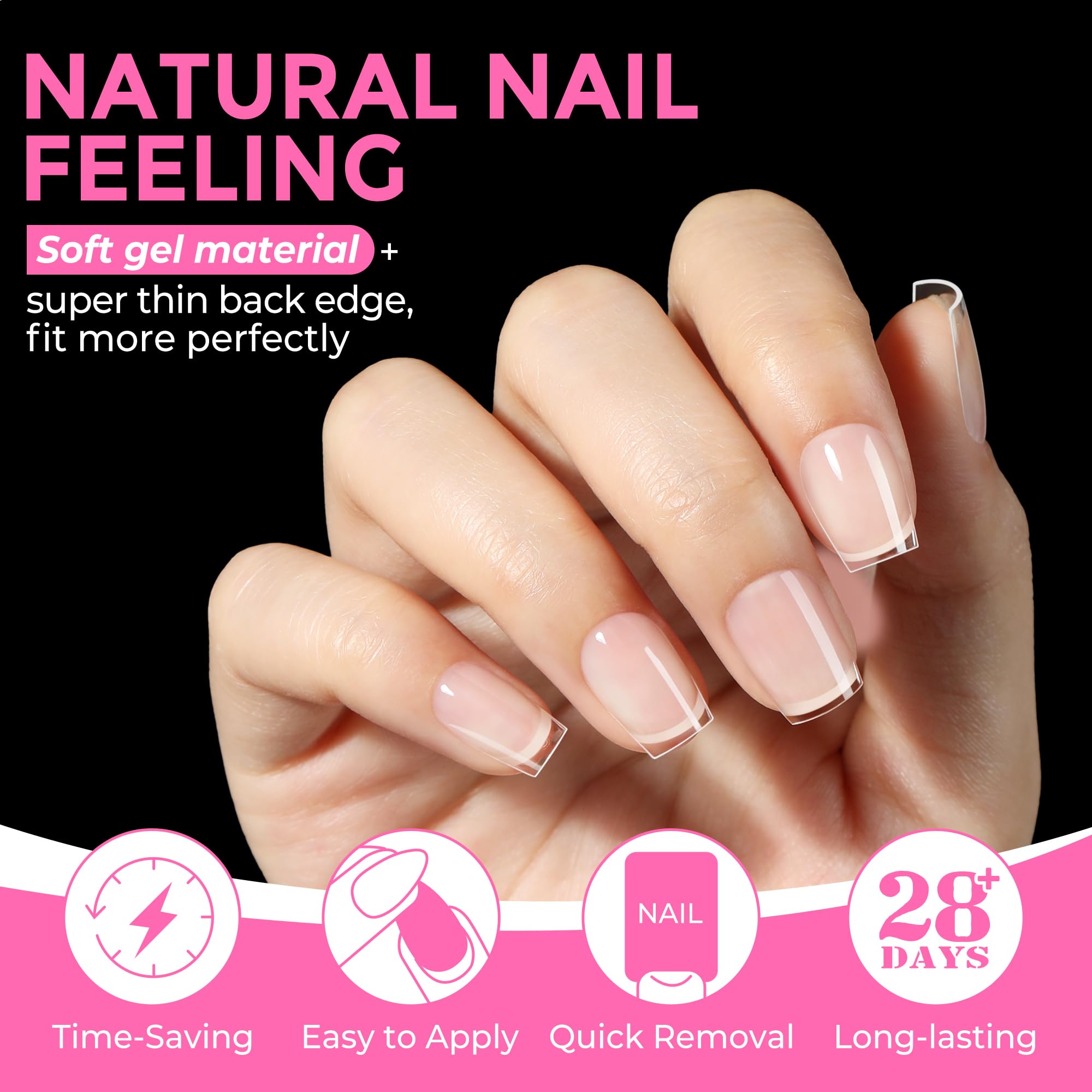 UNA GELLA easy press-on tips applied to a nail bed for quick, comfortable adhesion.