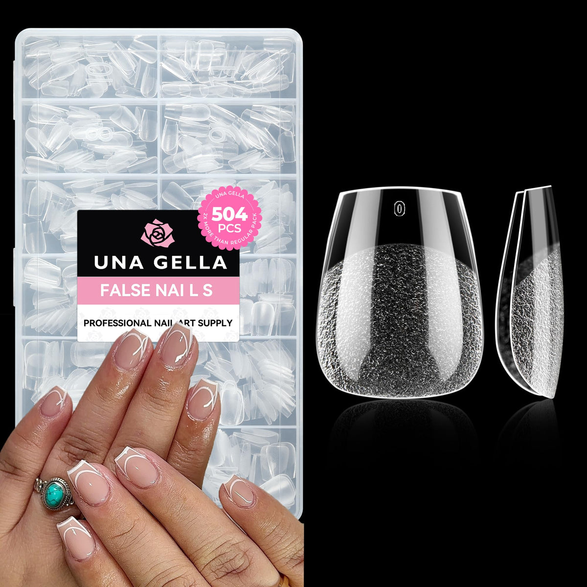 UNA GELLA Extra Short Coffin Tips – 504pcs, crystal-clear gel tips for at-home manicures.