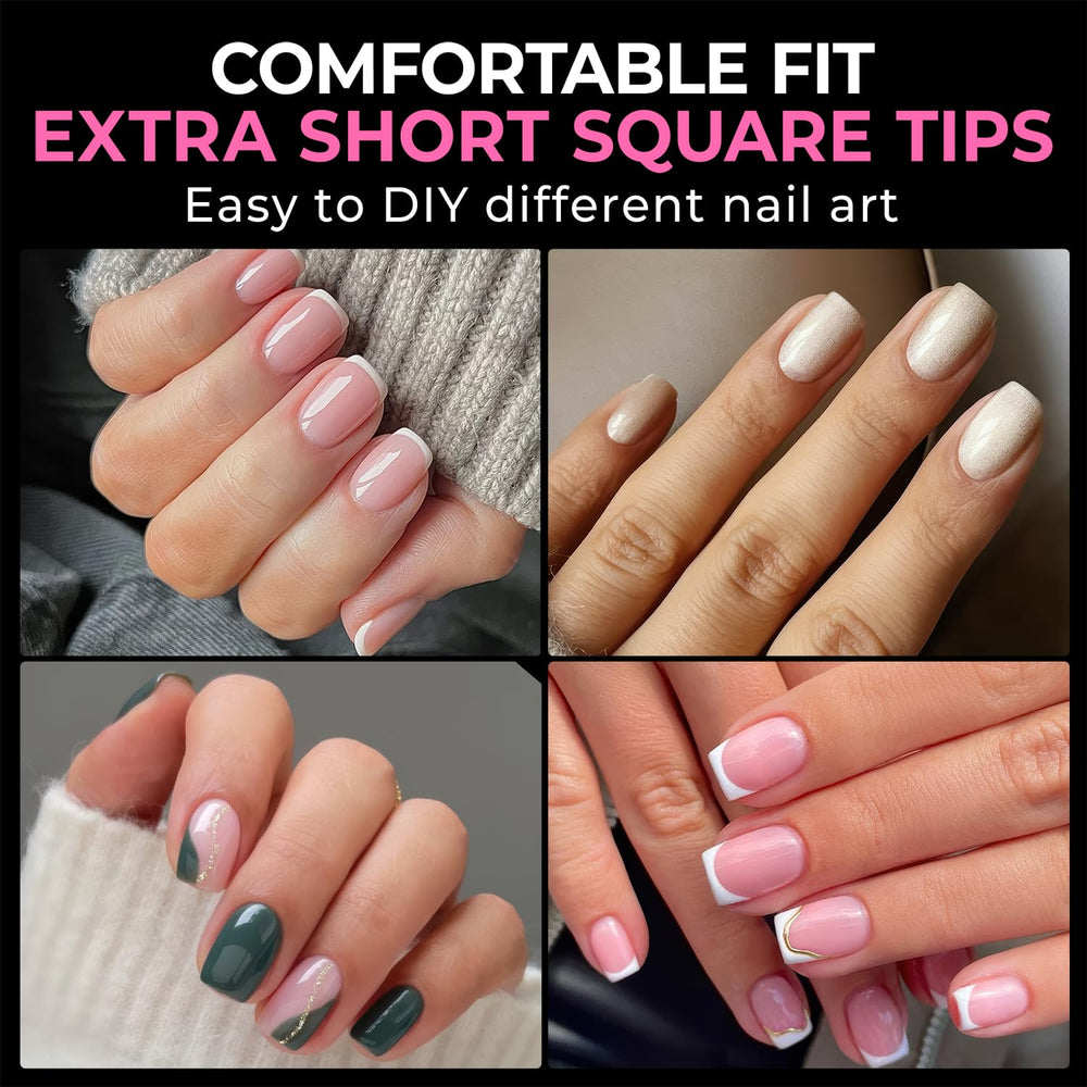 UNA GELLA Extra Short Square Tip close-up reveals clear coverage for natural-looking nails.