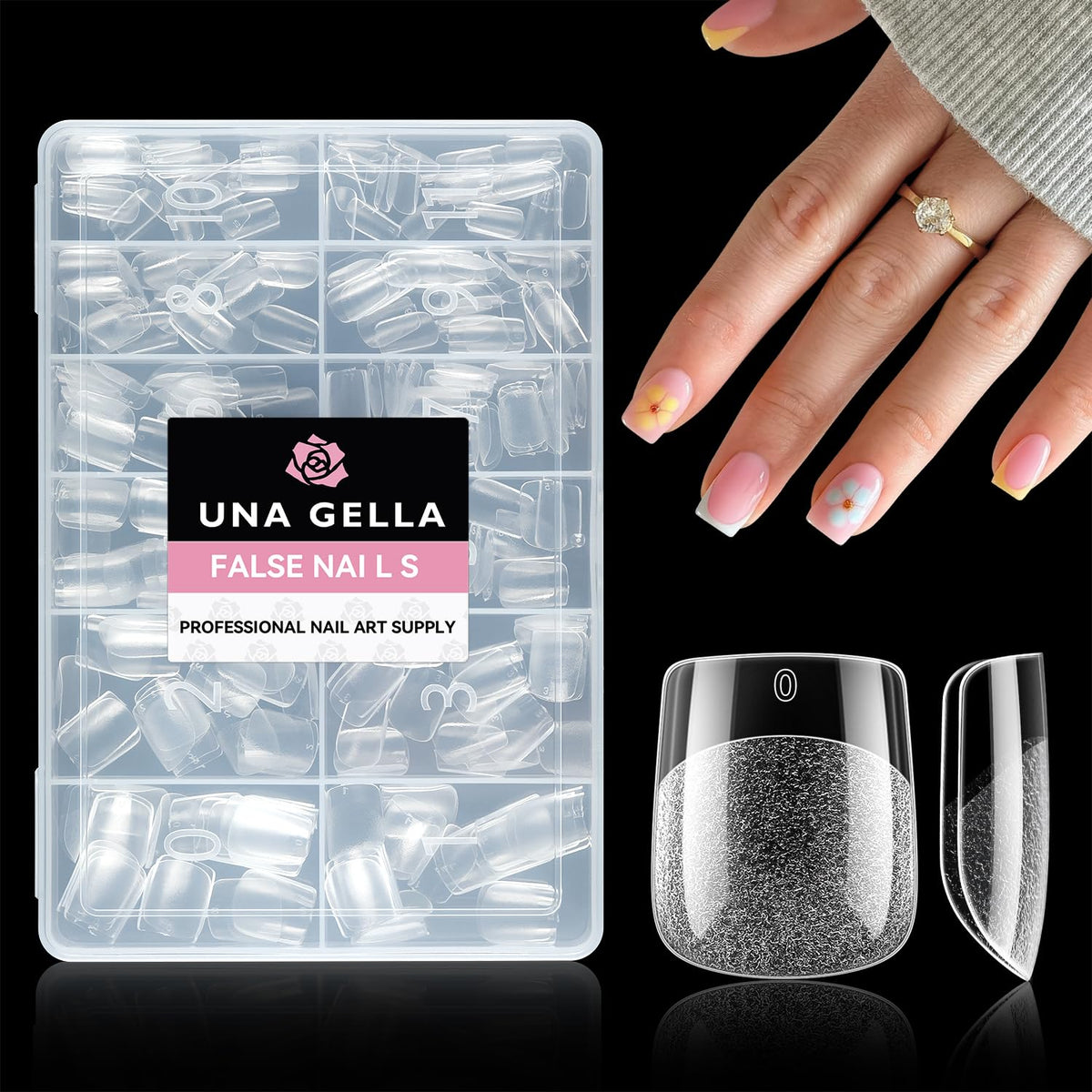 UNA GELLA Extra Short Square Tips pack shows 12 sizes for precise DIY nails.
