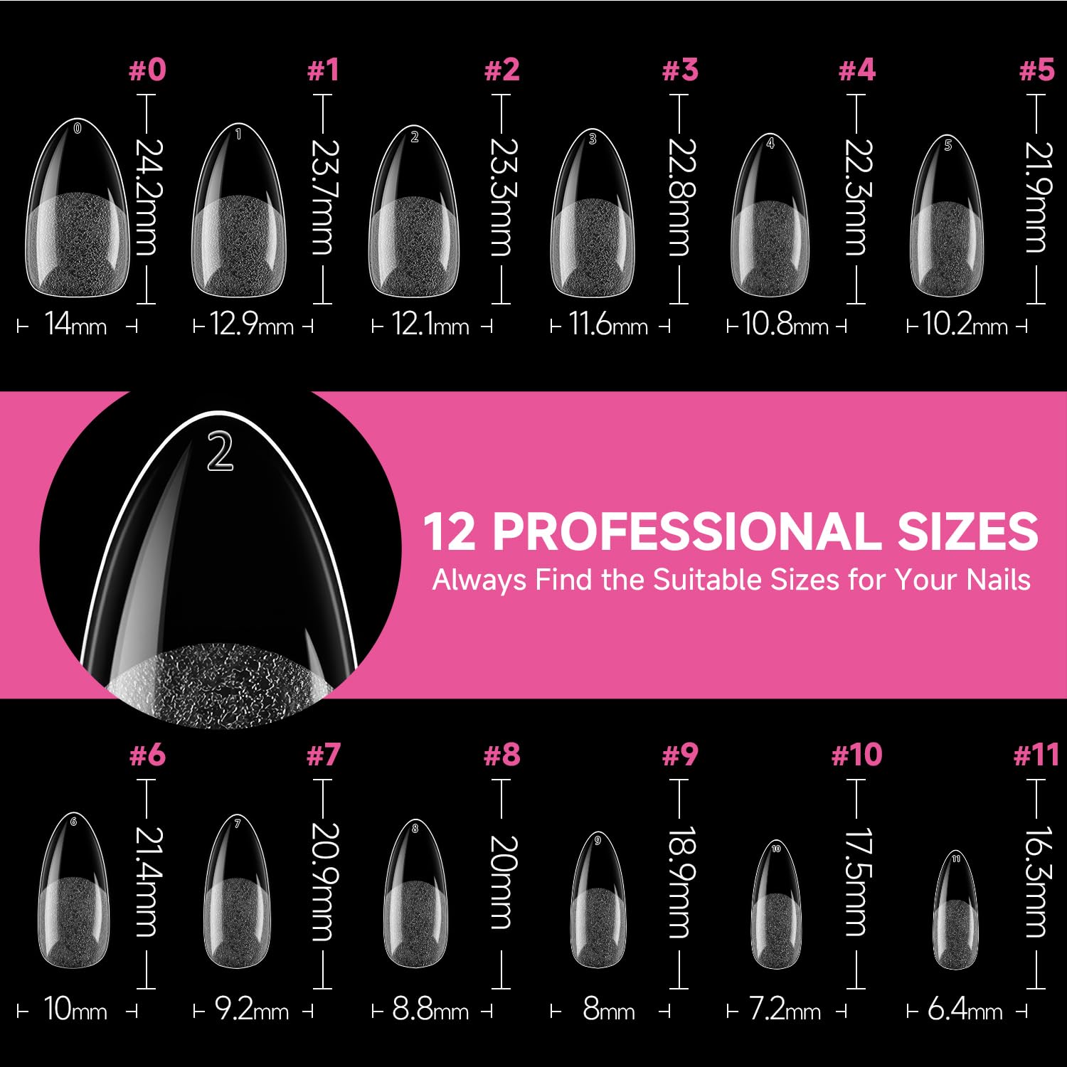 UNA GELLA almond tips compatible with gel, polish, dip, and acrylic.
