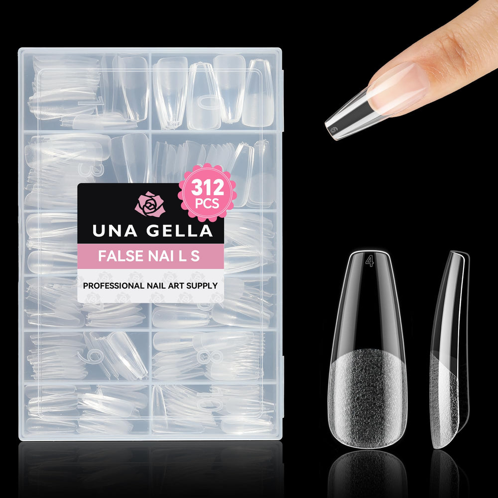 UNA GELLA long coffin nail tips box view showing pre-shaped full cover for DIY manicures