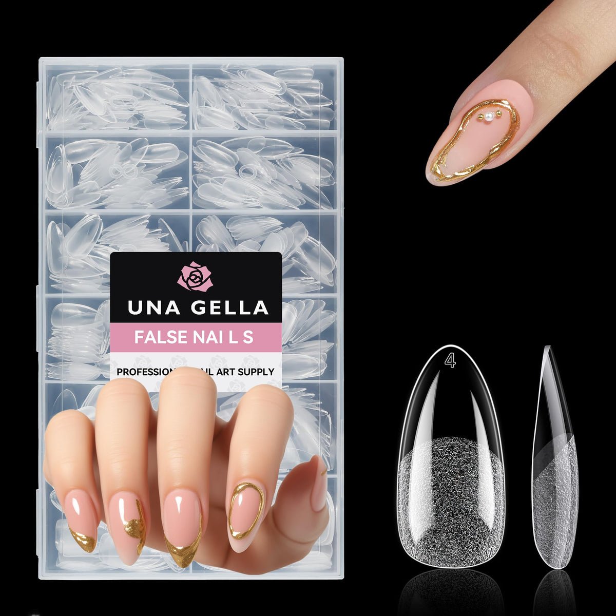 UNA GELLA medium almond nail tips with inner deep matte texture for stronger adhesion.