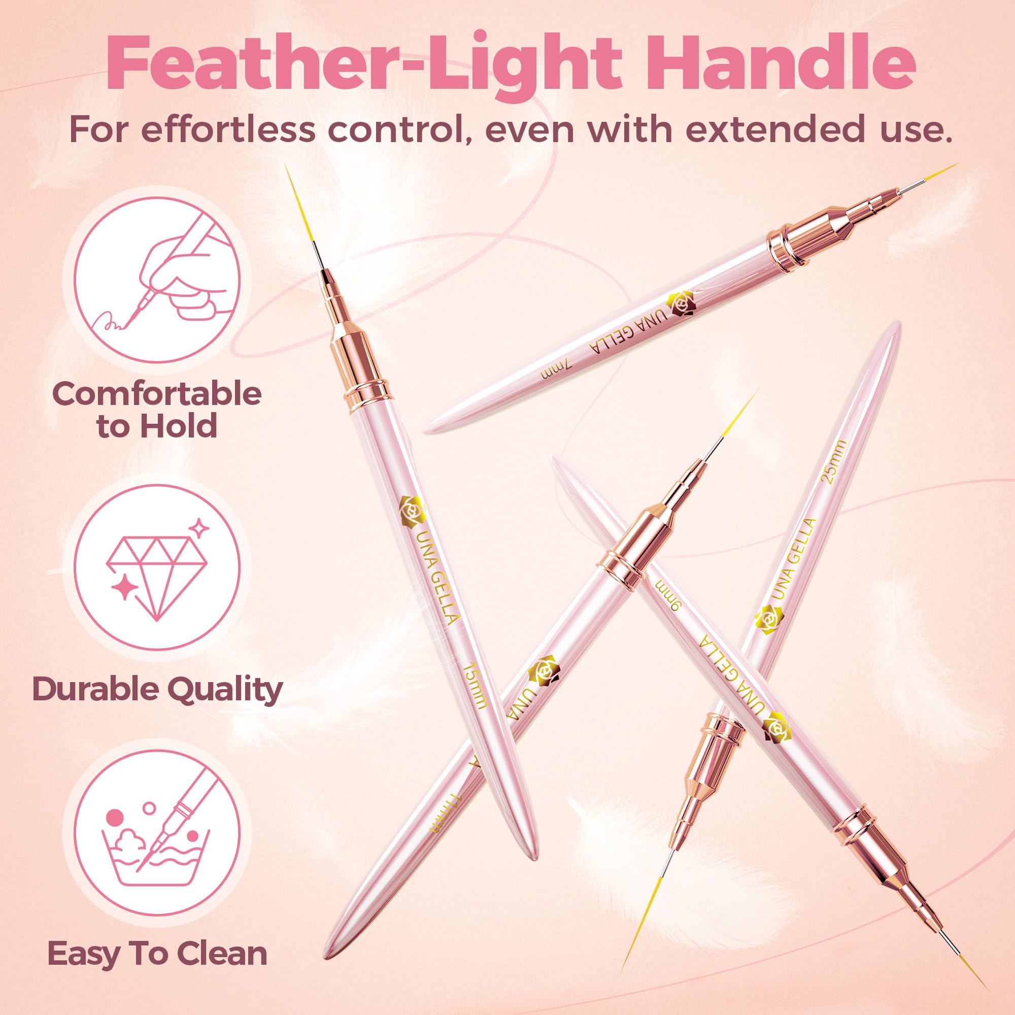UNA GELLA nail art brush with metallic handle for comfortable grip.