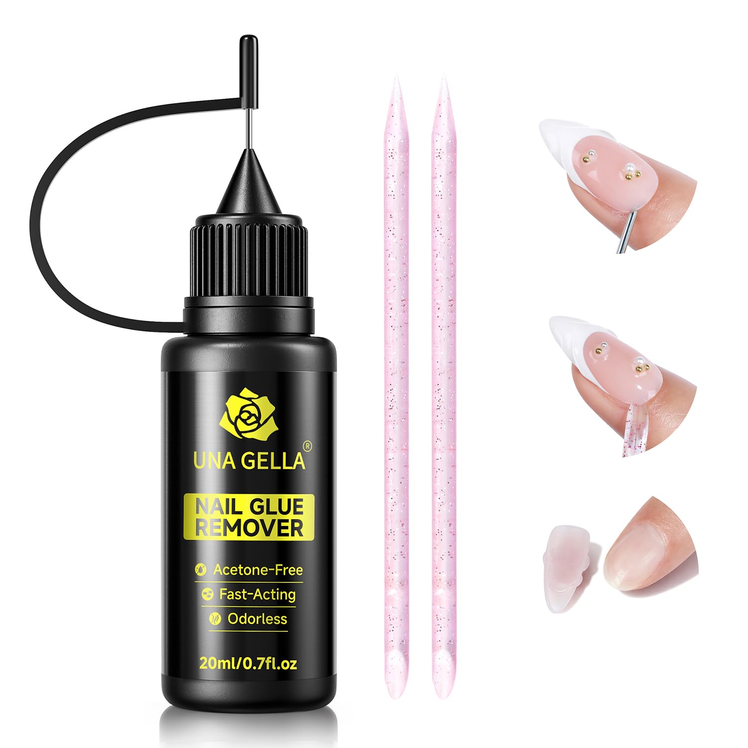 UNA GELLA nail glue remover bottle closeup, acetone-free formula for gentle glue removal.