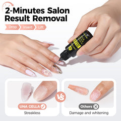 UNA GELLA remover bottle shows low odor design for comfortable use.