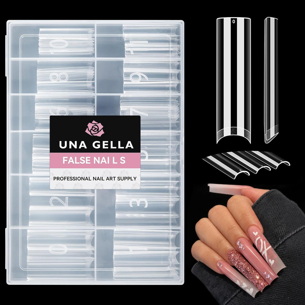 UNA GELLA XXL square nail tips front view shows clear base for acrylic looks