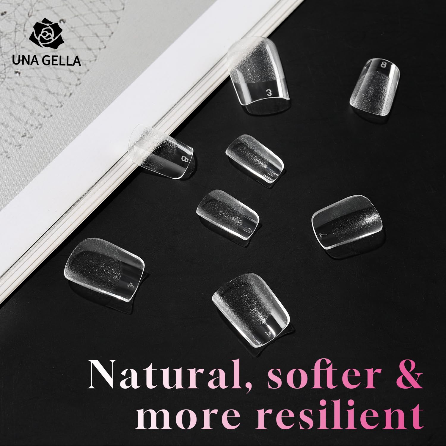 UNA GELLA transparent tips applied with soft gel for lasting wear.