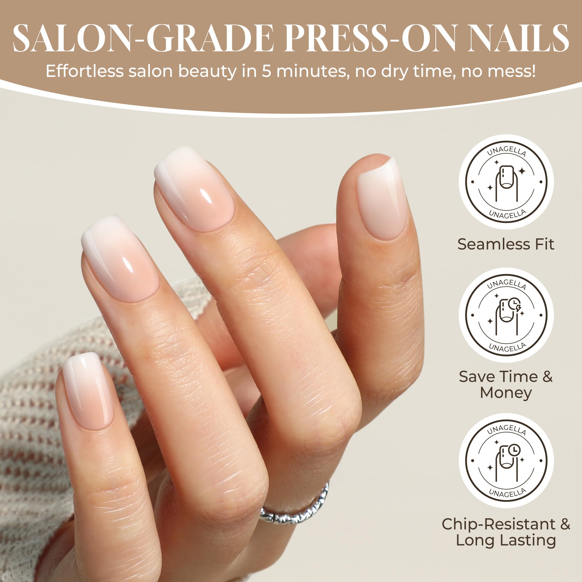 UNA GELLA Ombre nails with soft gel finish for long-lasting glow at home.