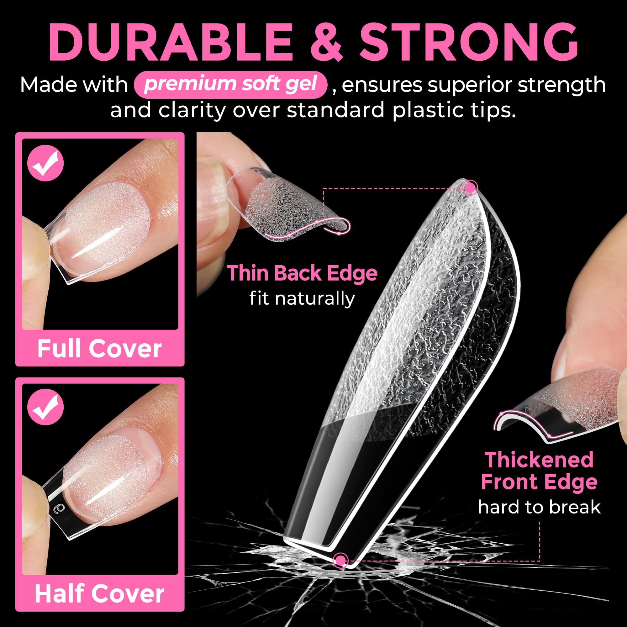 UNA GELLA smooth-edge tips close-up with shallow curve for natural finish.