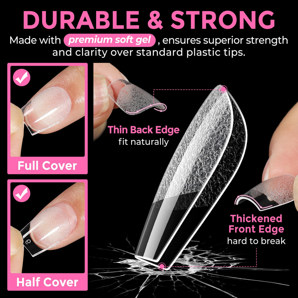 UNA GELLA smooth-edge tips close-up with shallow curve for natural finish.