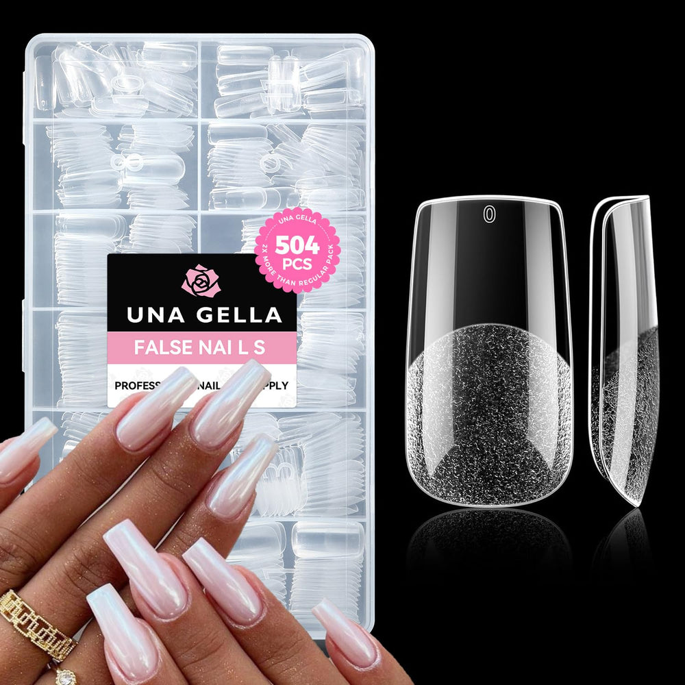 UNA GELLA square fake nails clear tips closeup for natural-looking extensions.