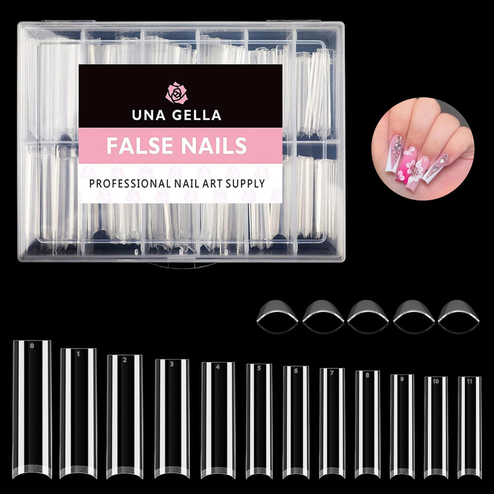 UNA GELLA tapered square nail tips in box closeup showing premium quality for DIY nails.