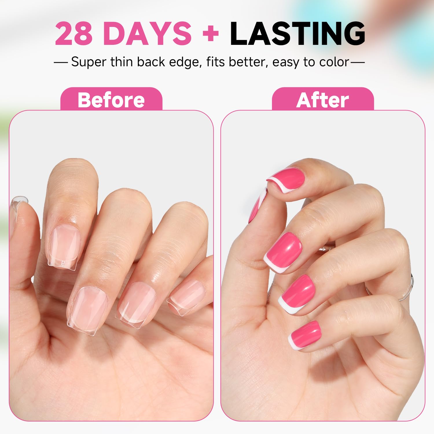 UNA GELLA tips featuring thin back edge for natural fit along the nail bed.