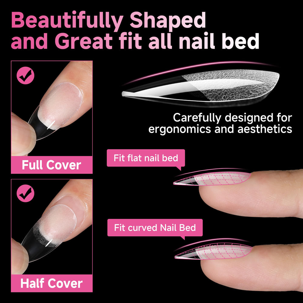 UNA GELLA almond tips with thin back edge for natural fit.